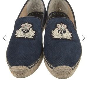 Christian Louboutin Navy Blue Espadrille Slip-Ons with Embroidered Crest